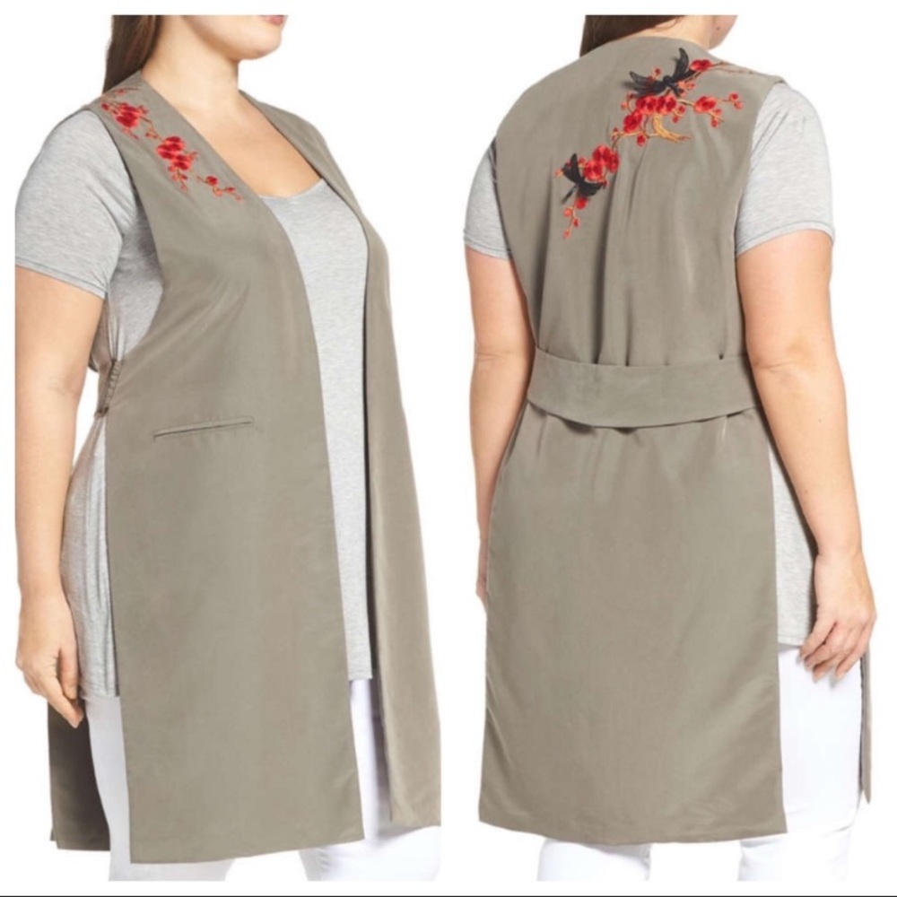 Elvi Embroidered 3D Dragonfly Long Khaki Vest